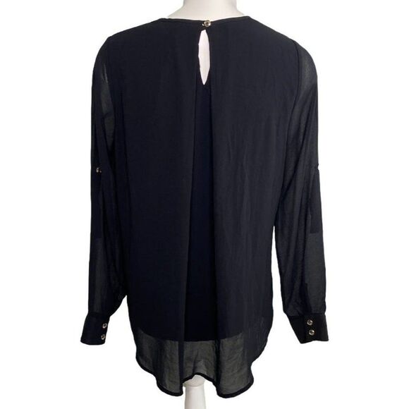 Another Story Tunic Blouse Top Women's MEDIUM Black Sheer Overlay Roll-Tab Scoop - Picture 2 of 10